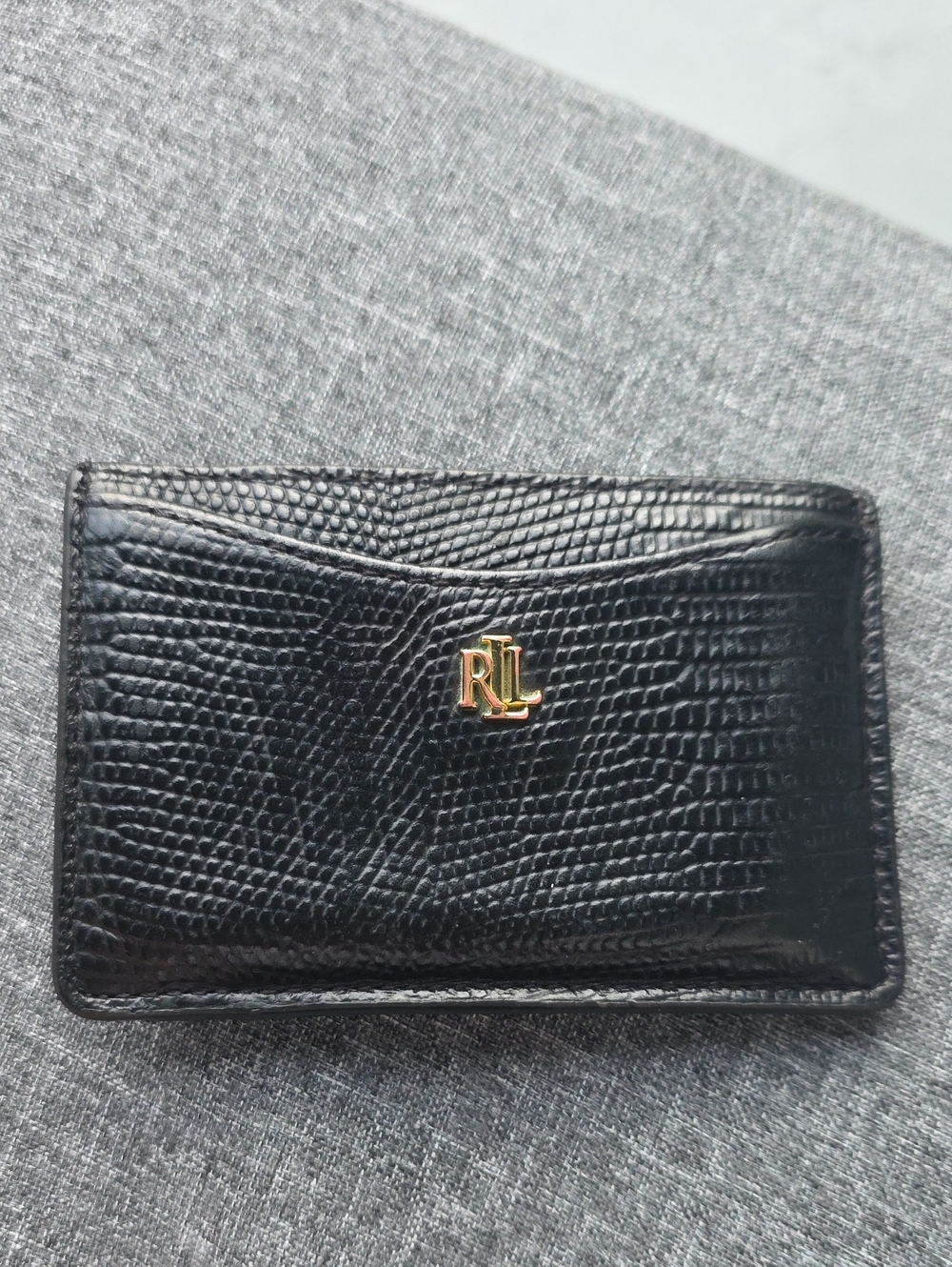 Ralph Lauren Black Textured Leather Card Holder with Gold RLL Logo